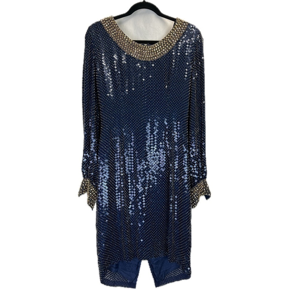 OLEG CASSINI BlackTie Navy Blue & Gold Silk Shimmery Dress W/Beads & Seq…